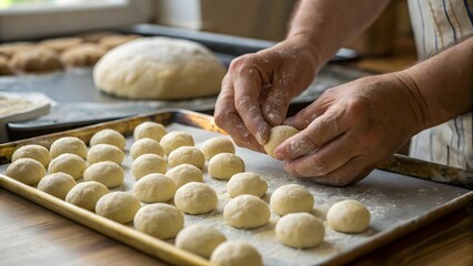 Baker's Hands Shaping Dough Rolls on Baking Sheet