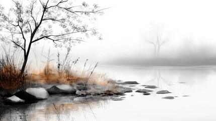 serene grayscale illustration of quiet riverbank with muted reflections on water, surrounded by sparse vegetation and rocks. scene evokes peaceful and elegant atmosphere