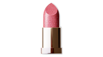 Shiny pink lipstick in golden tube, isolated on black, cut out transparent
