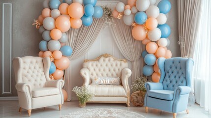 Elegant Baby Shower Setup with Pastel Balloons and Cream Chairs