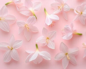 Fototapeta premium Delicate Spring Floral Arrangement White and Pink Flowers on Pastel Pink Background, Top View.