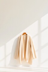 Fototapeta premium showcase single piece of textured clothing against simple white wall with soft natural lighting while fabric intricate