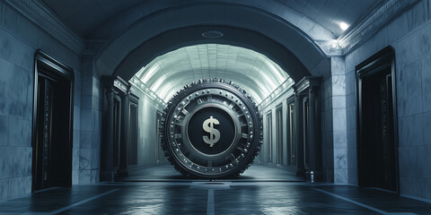 3D Dark Money Vault Hidden Beneath a Government Building Representing Concealed Corrupt Financial Activities