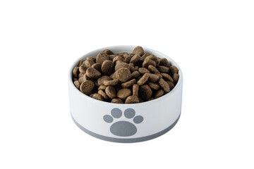 Dry organic dog food in white bowl cut out on transparent background for design. Plate full of mineral healthy dog or cat food. Pet dried granular food.