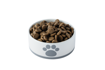 Dry organic dog food in white bowl cut out on transparent background for design. Plate full of mineral healthy dog or cat food. Pet dried granular food.
