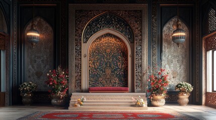 A podium featuring floral patterns and Arabic calligraphy, surrounded by rich Eastern decor elements 