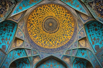 This photograph captures the vibrant and intricate details of a close up view of a tile wall Traditional geometric patterns reflecting the artistry of Islamic design .