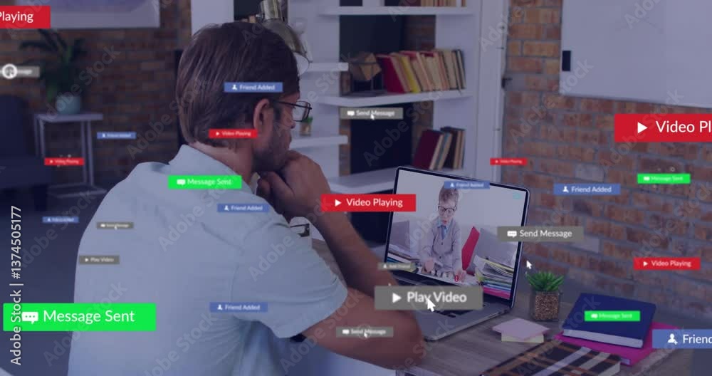 Poster working at desk, man using computer with animation of social media notifications