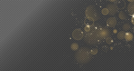 Magical golden wind festive isolated on transparent background. comet with sparkling stars . Powder dust light . Magical shining gold dust. Small shiny dust particles bokeh dust particles. PNG © Liudmyla