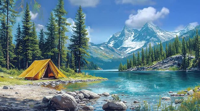 Yellow camping tent by mountain lake in pine forest with snowy peaks. Seamless looping video animation background
