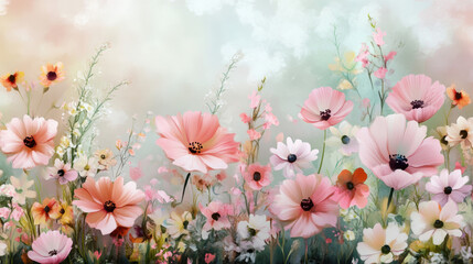 dreamy garden filled with blooming pastel pink and white flowers, surrounded by soft greenery and hazy, serene background, evokes sense of tranquility and beauty