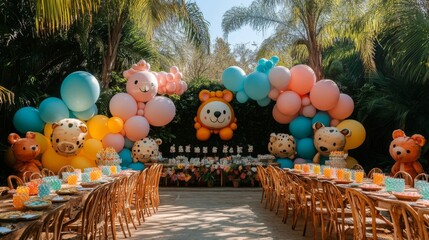 Joyful animal-themed birthday party in a lush garden setting