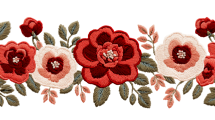 Embroidered Floral Border with Red and White Flowers, cut out transparent