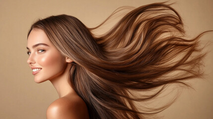 Long, flowing hair catches the light, revealing its glossy texture and healthy shine. The subject smiles softly as hair moves gracefully, creating a sense of vitality and charm.