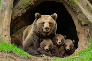 Obraz premium Mother bear and her three cubs resting in a cozy den surrounded by lush greenery on a sunny afternoon in the forest