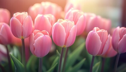 Fototapeta premium Pink Tulips in Bloom A Close-Up of Springtime Beauty with Soft Sunlight and Creamy Bokeh
