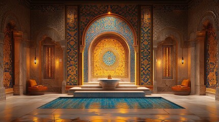 A podium featuring vibrant mosaic tiles and gold details, surrounded by warm, traditional lighting 