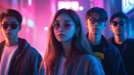 Youthful group strolling through neon city streets urban nightscape photography vibrant atmosphere candid shot