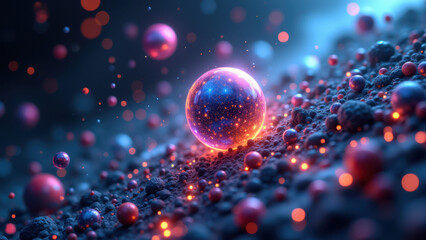 This is a digital illustration showing an artistic representation of a cell with glowing particles that resemble GLP-1 molecules.