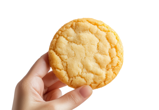 Delicious freshly baked yellow cookie held in a hand with a smooth texture and light crumb, perfect for enjoying as a sweet treat or dessert option