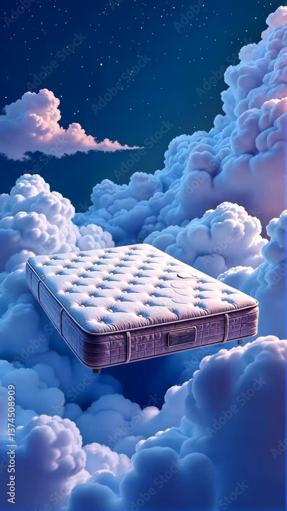 Poster a white mattress is floating in the air. the mattress is on top of a cloud