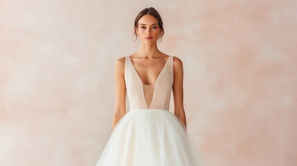 graceful woman poses in elegant evening dress against muted backdrop ample copy space surrounds her
