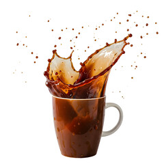A mug overflowing with coffee or tea, set against a white background. Coffee splash effect. 