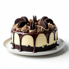 Decadent chocolate and vanilla cake topped with Oreo cookies and rich chocolate ganache.