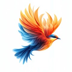 Obraz premium Vibrant bird soaring through the sky with flowing feathers in bright hues of orange and blue during a sunny day