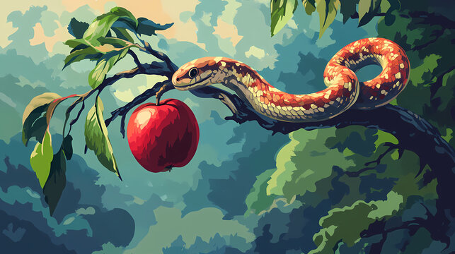 Bible old testament creation genesis the original sin the forbidden fruit snake and apple on tree branch. Forbidden Scripture. Illustration
