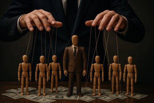 Puppet Master: A metaphorical representation of control and influence, with a person's hands manipulating puppets. The puppets, arranged on a bed of money, symbolize individuals under control.