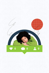 Poster image vertical photo collage of puzzled american girl unpopular blogger feedback reaction...