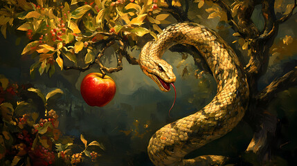 Biblical serpent with forbidden apple in eden, vintage paradise tree with temptation symbol, ancient genesis story art, christian garden with sacred fruit. Forbidden Scripture. Illustration