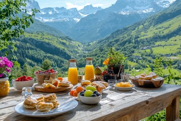 Charming breakfast table with fresh fruits and pastries overlooking the breathtaking alps in summer © Daria