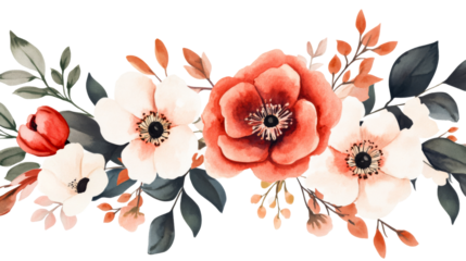 Watercolor florals in red, white, and gray, cut out transparent