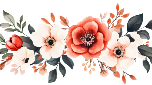 Watercolor florals in red, white, and gray, cut out transparent