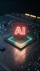 Illustration of glowing "AI" text on a computer chip, dark background with circuit board texture.