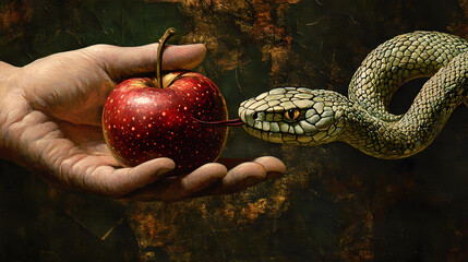 The biblical art of original sin artistically portraying the serpent offering the forbidden apple. Forbidden Scripture. Illustration