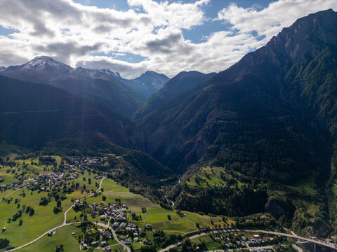 Aerial view of Brig and majestic Swiss Alps landscape