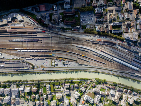 Aerial view of Brig Switzerland railway station and surroundings