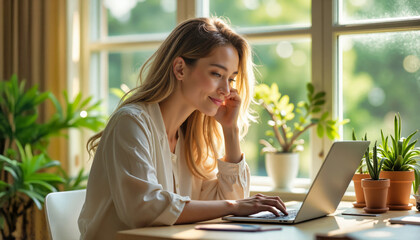 Woman in white blouse at laptop during golden hour. Pensive remote worker with succulents in terracotta pots. Sunlight through window illuminates blonde hair and workspace. Thoughtful professional