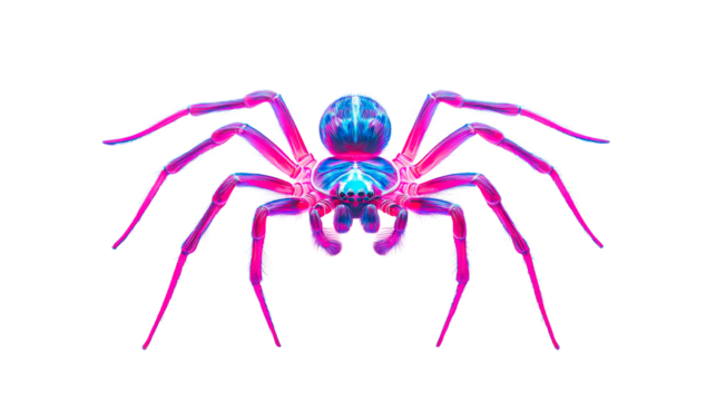 Pink and blue neon spider illustration on black background, cut out transparent