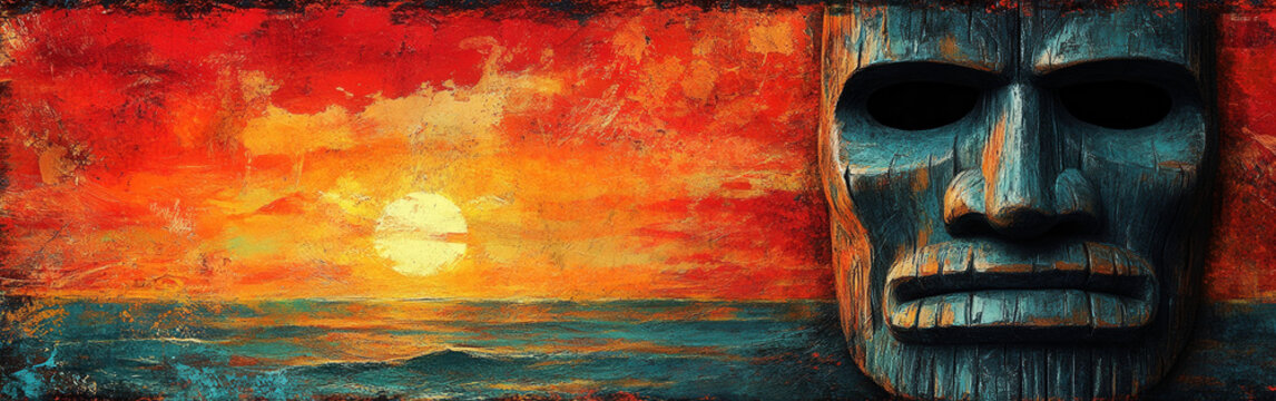 Tiki design template for personalized invitations celebrating a festive luau under a vibrant sunset sky