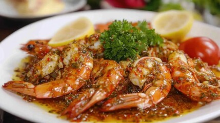Fototapeta premium Roasted prawns with lemon and herbs