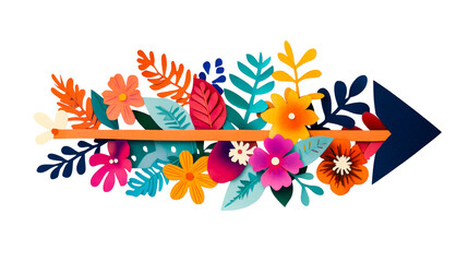 Floral arrow illustration with colorful paper flowers and leaves, cut out transparent