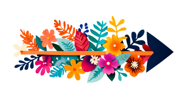 Floral arrow illustration with colorful paper flowers and leaves, cut out transparent