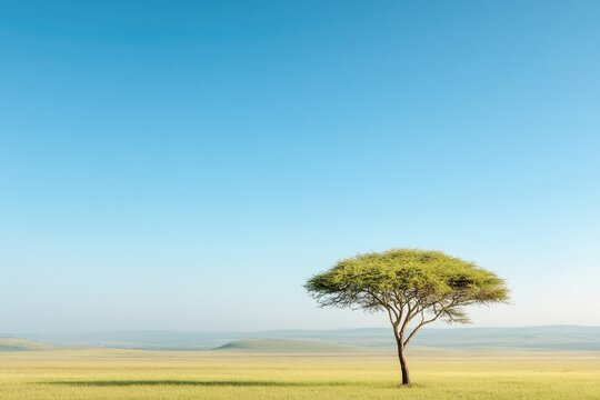 solitary tree stands in vast open field under clear blue sky symbolizing resilience and growth