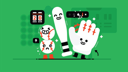 Set of Baseball gears, collection of cute Baseball bat, Baseballs and Baseball glove, Smiley American sport, flat Vector illustration.