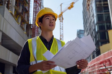 Construction engineer or architect in a hard hat and safety vest holding blueprints while inspecting a high-rise building project at a construction site