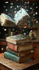 Magical enchanted books levitate, pages scatter like confetti, whimsical library scene.